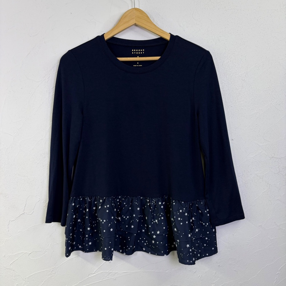 Kate Spade Broome Street Peplum Top Women Small Navy Star Print Ruffle Celestial